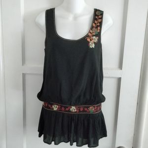 Hazel Embroidered Black Sleeveless Blouse Tank Top Size Small Boho Festival